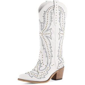 ⚡Women's White Western Cowgirl Boots Embroidered Knee High Comfortable Vintage